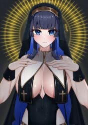 1girls black_hair blue_eyes blush breasts fapieeee female female_only hololive hololive_english hololive_english_-council- hololive_english_-promise- huge_breasts light-skinned_female light_skin looking_at_viewer nun nun_veil ouro_kronii solo veil virtual_youtuber