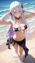 1girls ai_generated beach bikini_top black_bra choker cum_in_mouth cum_on_breasts echidna_(re:zero) long_hair nnnyr stable_diffusion standing white_hair