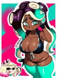 artist_signature beauty_mark belly_piercing big_breasts black_hair blush cleavage dark_skin green_eyes headphones huge_breasts marina_(splatoon) octoling pearl_(splatoon) shiny_skin skindentation splatoon squishcap_(artist) tentacle tentacle_hair thighhighs thong unusual_pupils zipper zipper_down