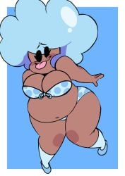 1girls battle_for_dream_island belly bikini black_body black_female black_skin blue_background blue_hair bubble_(bfdi) chubby color colored cute_face female female_only human human_female humanized object_show object_show_community object_shows picknpull solo solo_female