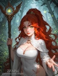 big_ass, clara_redwood cleavage forest green_eyes large_breasts magic, magical_girl, oc oc_character portrait red_hair slim_waist tight_clothes, wide_hips, zfapai