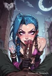 1boy 1girls 2d ai_generated ai_sensuality arcane arcane_jinx blue_eyes blue_hair cleavage clothed clothing cock_hungry crazy_eyes dark-skinned_male dominant_female fellatio femdom handjob jinx_(league_of_legends) league_of_legends licking_penis long_penis male penis perky_breasts rough_handjob small_breasts smile smiling_at_viewer sole_female squeezing_breast tattoo tonguejob veiny_penis wide_hips