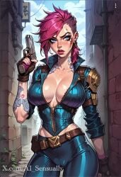 1girls 2d ai_generated ai_sensuality arcane arcane_vi big_breasts blue_eyes cleavage clothed clothing large_breasts league_of_legends pink_hair sole_female tattoo vi_(league_of_legends) wide_hips