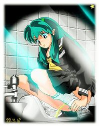 1990s 1999 1girls 20th_century blue_eyes breasts codama dated female green_hair horns humanoid light-skinned_female light_skin long_hair lum oni peeing pointy_ears princess school_uniform urusei_yatsura