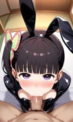 ai_generated bangs blowjob blushing_at_viewer bunny_ears bunnysuit butterfly_hair_ornament demon_slayer fellatio giving_head kimetsu_no_yaiba looking_at_viewer oral penis petite purple_eyes saliva side_ponytail small_breasts tsuyuri_kanao