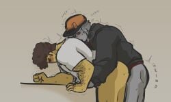 2boys anal anal_sex bent_over blush blushing brown_hair builderman builderman_(forsaken) closed_eyes curly_hair forsaken_(roblox) gay gray_body grey_skin grey_sweater hairy hat headwear mantisnixon pants_off roblox shedletsky shedletsky_(forsaken) sweat sweater sweating yellow_body yellow_skin