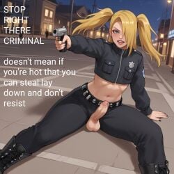 1boy ai_generated back_view balls belly blonde_hair blue_eyes blush deidara femboy gun male nails_painted naruto naruto_(series) naruto_shippuden nipples police police_uniform ponytail sissy small_penis smaller_male street text tongue_out yaoi