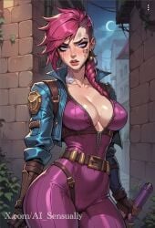 1girls 2d ai_generated ai_sensuality arcane arcane_vi big_breasts blue_eyes cleavage clothed clothing large_breasts league_of_legends pink_hair sole_female tattoo vi_(league_of_legends) wide_hips