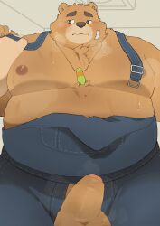 2024 anthro balls bear belly big_belly blush bodily_fluids brown_body brown_fur clothing erection fur genitals haoming hi_res kemono lifewonders male mammal musk overalls overweight overweight_male penis small_penis solo sweat tokyo_afterschool_summoners volos_(tas)