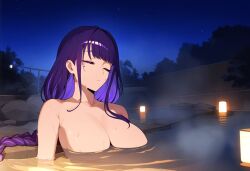 ai_generated arms_at_sides candles closed_eyes completely_nude completely_nude_female female female genshin_impact hoyoverse large_breasts leaning_back long_braid long_hair mole_under_eye night night_sky novelai onsen outdoors partially_submerged purple_hair raiden_shogun relaxing sitting steam stone_floor water wet