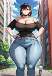 ai_generated ayase_momo barefoot big_breasts brown_eyes cap dandadan earings giantess hourglass_figure jeans mini outside slim_waist smiling tanktop thick_thighs