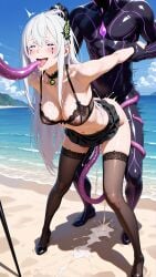 1girls ai_generated beach black_skirt choker cum_in_ass cum_in_mouth cum_in_pussy cum_on_breasts echidna_(re:zero) from_behind from_behind_position full_body hair_grab monster_boy nnnyr rolling_eyes running_makeup runny_makeup skirt standing standing_sex stockings tentacle tentacle_in_mouth tentacle_sex tongue_out white_hair white_skin