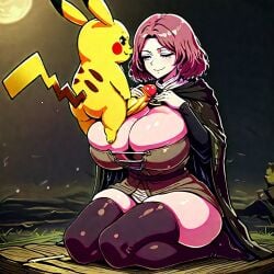 1boy 1girls ai_generated big_ass big_breasts big_penis crossover elden_ring melina_(elden_ring) pikachu pokemon size_difference smaller_male thick_thighs