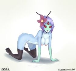 alien_girl all_fours blue_skin hair_ornament hylotl medium_breasts naked_female ovosh147 starbound stockings thighhighs thighhighs thighhighs_only