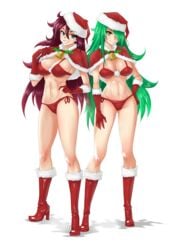 2girls bell bikini blue_eyes boots breasts capelet female fur_trim gloves green_hair hair_over_one_eye hand_on_hip hat high_heel_boots long_hair looking_at_viewer multiple_girls navel opcrom original red_bikini red_hair santa_hat side-tie_bikini smile standing swimsuit yellow_eyes