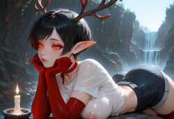 ai_generated antlers black_hair blush elf_ears eye_contact female flirty gamer_girl maid overlord_(maruyama) pixie_cut provocative_pose red red_eyes seductive_expression short_hair smile solution_epsilon suggestive sultry teasing usebackdooronly zombiegamerist