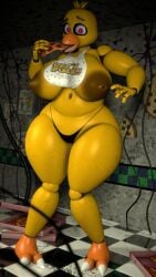 2_toes 3d 3d_(artwork) anthro ass avian beak bib big_breasts big_butt bird breasts brown_nipples caught_in_the_act caught_off_guard chica_(fnaf) chicken classic_chica_(fnaf) clothed clothing container digital_media_(artwork) eating embarrassed feet female five_nights_at_freddy's food fur galliform gallus_(genus) hi_res horror_(theme) huge_breasts humanoid larger_female machine nipples orange_feet partially_clothed phasianid pink_eyes pizza pizza_box ponlab robot robot_anthro scottgames size_difference solo source_filmmaker_(artwork) thick_thighs thong toes tongue tongue_out underwear wire yellow_body yellow_fur