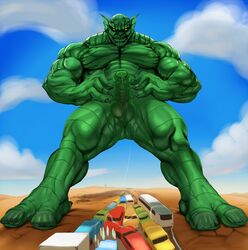 1boy 2_toes abomination_(marvel) balls car clouds desert emil_blonsky erect foreskin giant_male green_skin hands_on_hips highway hulk_(series) justmegabenewell kaiju macro macro_male male male_only marvel micro_on_macro monster muscular_male outside partially_retracted_foreskin penis precum precum_string precum_trail sky smirk solo uncut vehicle yellow_eyes