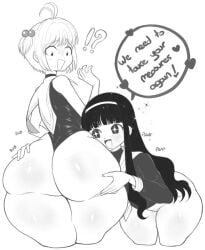 2d 2d_(artwork) 2girls ass ass_focus big_ass big_butt black_and_white blush bubble_butt butt cardcaptor_sakura english english_text female female_focus female_only huge_ass huge_butt swimsuit swimwear tagme text