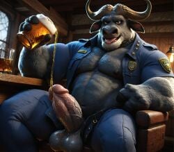 1boy 1male 2_horns ai_generated anthro balls beer big_balls big_penis big_testicles black_body black_fur buffalo chief_bogo daddy disney erect_penis erection furry furry_male gay horns looking_at_viewer muscular muscular_anthro muscular_male open_mouth penis police_uniform seductive sitting testicles tongue tongue_out veiny_penis zootopia