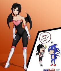 1girls bare_shoulders bat_wings black_choker black_hair boots breasts cleavage cosplay elbow_gloves english_text eyeshadow gloves gradient_background gradient_hair heart makeup medium_breasts medium_hair multicolored_hair navel red_hair rouge_the_bat ruby_rose rwby sanic_hegehog silver_eyes tight_clothing weirddoddle weiss_schnee white_gloves wings