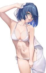 armpits big_breasts bikini blue_hair genshin_impact green_eyes midriff swimsuit swimwear white_background white_bikini yelan_(genshin_impact)