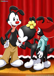 animaniacs bbmbbf black_fur clothing cum curtains dot_warner female flower fur group group_sex hat male mammal nude oral palcomix pants penetration penis plant pussy pussy_juice sex smile stage straight text threesome tongue tongue_out vaginal_penetration wakko_warner warner_brothers yakko_warner