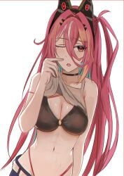 1girls abs aria_synth belly_button blush breasts canvas_sensei eyebrows_visible_through_hair female female_only huge_breasts light-skinned_female light_skin one_eye_closed pink_hair red_eye solo sweat toned toned_female virtual_youtuber vols