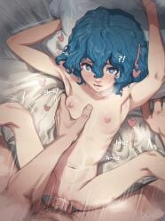 1boy 1girls areolae arms_up bed berserk blue_eyes blue_hair breasts butterchalk completely_nude female female_focus grabbing heart-shaped_pupils hi_res highres isma light-skinned_female light_skin looking_at_viewer lying lying_on_back male male_pov nipples nude nude_female open_mouth penetration penis petite pillow pov pussy pussy_juice sex spread_legs straight uncensored vaginal_penetration vaginal_sex