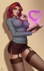 blue_eyes clothed deilan12 glasses holding_book large_breasts nipple_bulge red_hair red_lipstick roncostar stockings thick thick_thighs