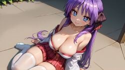 1girls ai_generated blue_eyes blush cleavage exposed_shoulders giant_breasts hairbow kagami_hiiragi long_hair looking_at_viewer lucky_star outdoors pantyhose purple_hair shrine_maiden sitting skindentation skirt slim_waist smiling sweat thick_thighs white_pantyhose