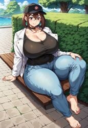 ai_generated ayase_momo barefoot baseball_cap big_breasts black_headwear blue_clothing blue_jeans bottom_heavy brown_eyes cap clothed_female clothing dandadan earings headwear hourglass hourglass_figure jacket jeans light_blue_clothing light_jeans loitering mini outside sitting slim_waist smiling smug sneakers thick_thighs thighs thunder_thighs tight_clothing tight_jeans touching_grass