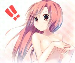 !! >:( angry blue_vert blush breasts covering covering_breasts female female fingers_together nude original pink_eyes pink_hair solo upper_body