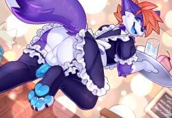 2024 4_toes affax anthro ass balls canid canine claws clothed clothing crossdressing digital_media_(artwork) feet femboy fox fur genitals hair hi_res humanoid_genitalia humanoid_penis jinxit looking_back low-angle_view maid_uniform male male_anthro mammal no_underwear pawpads paws penis solo toe_claws toes uniform upskirt