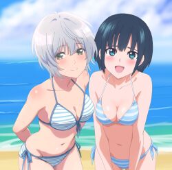 2girls bare_legs bare_shoulders blue_eyes blue_hair blush botan_nagatsuki breasts_squeezed_together cleavage collarbone kikuchi_fuuka leaning_forward looking_at_viewer medium_breasts short_hair silver_hair string_bikini striped_bikini