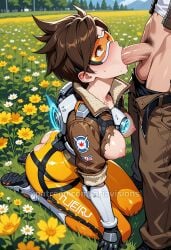 1boy 1girls ai_generated ariavisions big_penis blowjob blush breasts breasts_out brown_hair day fellatio female hazel_eyes hetero human kneeling looking_up male oral orange_glasses outdoors overwatch overwatch_2 penis short_hair spiky_hair tears torn_clothes tracer
