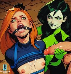 ai_generated bondage breasts cherrysock cum_in_mouth cum_on_breasts erect_nipples holding_penis huge_cock kim_possible kimberly_ann_possible no_bra rope_bondage shego