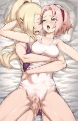 2girls blonde_hair blush breasts closed_eyes covered_navel cum cum_in_pussy forehead_protector futa_with_female futanari green_eyes hair_ornament hair_over_one_eye hairband hairclip highres hug hug_from_behind ino_yamanaka intersex long_hair m_k medium_breasts multiple_girls naruto naruto_(series) on_bed one-piece_swimsuit open_mouth penis pink_hair ponytail purple_hairband purple_one-piece_swimsuit pussy sakura_haruno sex sex_from_behind short_hair sweat swimsuit tongue tongue_out torn_clothes torn_swimsuit vaginal_penetration white_one-piece_swimsuit