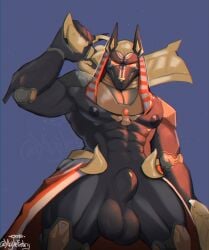 abs animal_genitalia anthro anubis anubis_reaper balls bass_(disambiguation) blizzard_entertainment bodily_fluids deity digital_drawing_(artwork) digital_media_(artwork) egyptian_mythology exsys genital_fluids genitals knot male middle_eastern_mythology mythology nipples overwatch penis precum reaper_(overwatch) sheath solo standing watermark