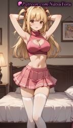 1girls ai_generated anime anime_style armpits arms_behind_head arms_up bangs bare_arms bare_shoulders bed blonde_hair breasts brown_eyes bust busty cleavage cleavage_cutout closed_mouth clothing_cutout crop_top death_note earrings feet_out_of_frame female female_focus female_only hair_ribbon heart_cutout hentai indoors jewelry lamp large_breasts long_hair looking_at_viewer medium_breasts midriff miniskirt misa_amane natsuyoru navel on_bed pink_shirt pink_skirt pleated_skirt red_ribbon ribbed_shirt ribbon shirt skindentation skirt sleeveless sleeveless_shirt sleeveless_turtleneck smile solo solo_female standing stomach sweater thighhighs thighs tongue tongue_out turtleneck two_side_up voluptuous voluptuous_female white_thighhighs zettai_ryouiki