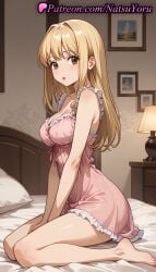 1girls ai_generated anime anime_style babydoll bangs bare_arms bare_legs bare_shoulders barefoot bed bed_sheet bedroom between_legs blonde_hair blush breasts brown_eyes bust busty cleavage closed_mouth collarbone death_note desk_lamp drawing_(object) dress feet female female_focus female_only foot_fetish frills from_side full_body hand_between_legs hentai indoors lamp large_breasts legs lingerie lips lipstick long_hair looking_at_viewer makeup medium_breasts misa_amane natsuyoru nightgown on_bed parted_lips photo_(object) picture_frame pillow red_lips sitting sleeveless smile solo solo_female thighs toes v_arms voluptuous voluptuous_female wariza