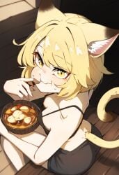 1girls ai_generated animal_ears bed bedroom cat_ears cat_tail catgirl catgirl_tail eating looking_at_viewer looking_back petite pleading_eyes skinny solo tail