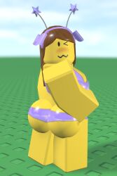 1girls 3d ass bikini bloxzrd blush brown_hair female female_only purple_bikini purple_ribbons roblox roblox_avatar robloxian tagme yellow_body yellow_skin