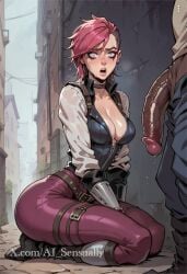 1boy 1girls 2d ai_generated ai_sensuality arcane arcane_vi awe big_breasts big_penis blue_eyes cleavage clothed clothing cock_shock dark-skinned_male kneeling large_breasts league_of_legends male panicked_look penis pink_hair precum sole_female surprised tattoo thick_thighs veiny_penis vi wide_hips