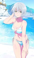 beach cleavage kikuchi_fuuka leaning_forward medium_breasts short_hair string_bikini