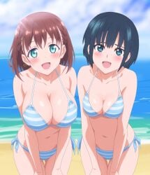 2girls ai-chan_(tawawa) bare_legs bare_shoulders blue_eyes blue_hair blush botan_nagatsuki breasts_squeezed_together brown_hair cleavage collarbone getsuyoubi_no_tawawa large leaning_forward looking_at_viewer medium_breasts mononogatari short_hair string_bikini striped_bikini