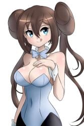 bare_shoulders blue_eyes bowtie brunette_hair bunnysuit cleavage lucyfercomic nintendo pokemon pokemon_bw2 pokemon_protagonist rosa_(pokemon) slim_girl tongue_out