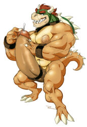 anthro balls bowser cock_ring full-length_portrait full_length hyper_penis koopa male male_only mario_(series) masturbation muscles penis portrait precum scalie simple_background solo standing toomanyboners white_background