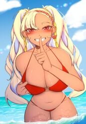 1girls beach belly_button bikini blonde_hair blush breasts cleavage crystalis dark-skinned_female dark_skin female female_only huge_breasts inviting outdoors red_bikini red_eyes seductive serina_maiko sky solo sssoybean swimsuit twintails v4mirai virtual_youtuber water