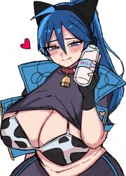 bell_choker bell_collar blue_eyes blue_hair blush blushing_at_viewer boobs_bigger_than_head boobs_out breasts breasts_bigger_than_head breasts_out cat_ear_hairband cat_ear_headphones cat_ears cat_ears_hairband cat_ears_headphones chubby_female cow_bikini cow_print cow_print_bikini cowbell dore2801 fortnite fortnite:_battle_royale hope_(fortnite) implied_breast_milk light-skinned_female light_skin looking_at_viewer milk_bottle open_clothes open_clothing open_jacket open_shirt open_topwear presenting presenting_breasts seductive seductive_body seductive_eyes seductive_female seductive_gaze seductive_look seductive_mouth seductive_pose seductive_smile shirt_lift shirt_open shirt_up thick thick_hips thick_legs thick_thighs tits_bigger_than_head tits_out